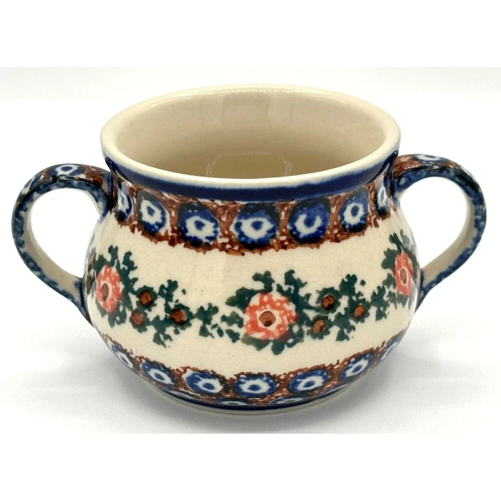 Polish Pottery Blue Rose Creamer & Sugar Bowl Artisan Made U-3/47 Signed Labeled